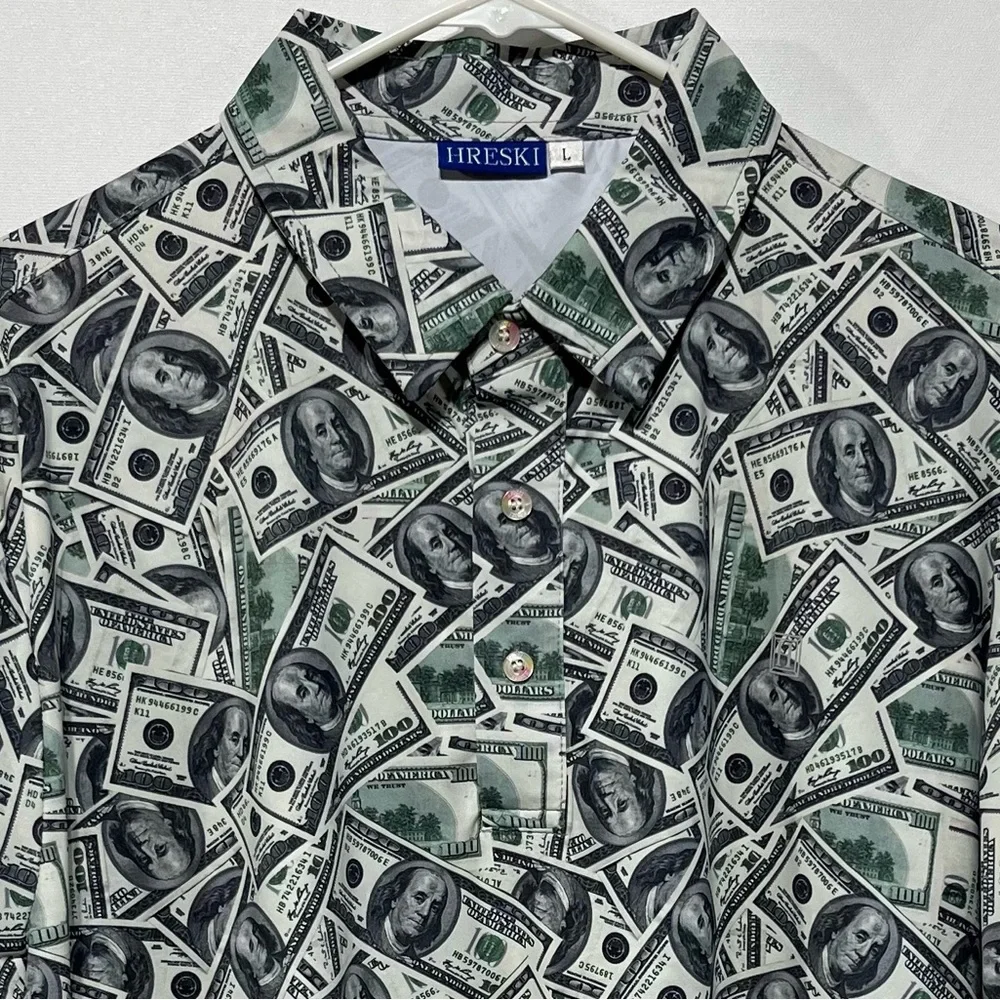 HRESKI Green & White $100‎ Money-Print Golf Polo Shirt Size Large NWOT
